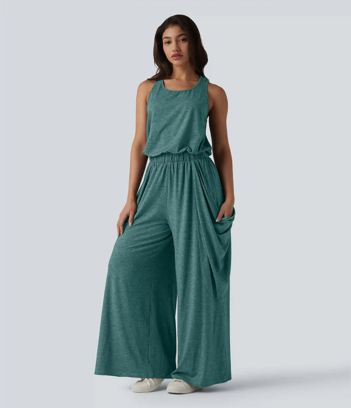 Sleeveless Cut Out Wide Leg Casual Jumpsuit with Pockets-Easy Peezy Edition