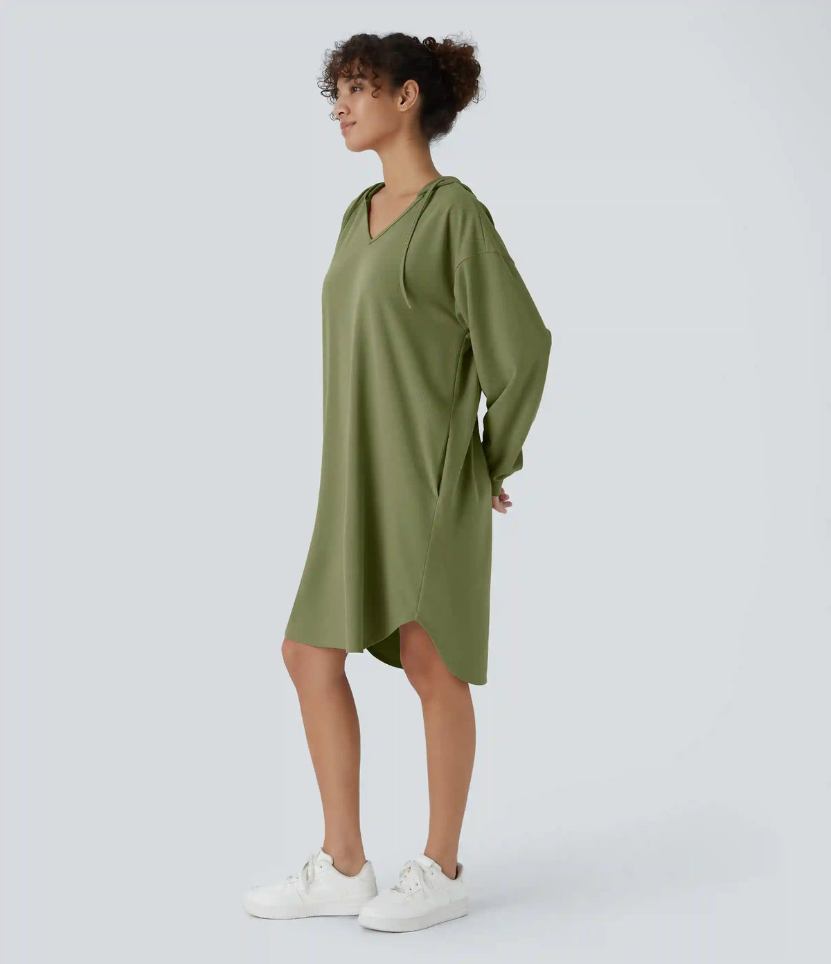 Drawstring Hooded Long Sleeve Pocket High Low Curved Hem Oversize Mini Waffle Casual Sweatshirt Dress