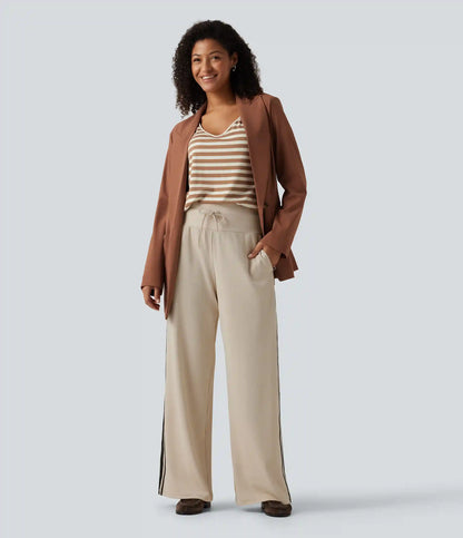 High Waisted Drawstring Wide Leg Side Stripe Waffle Casual Pants with Pockets