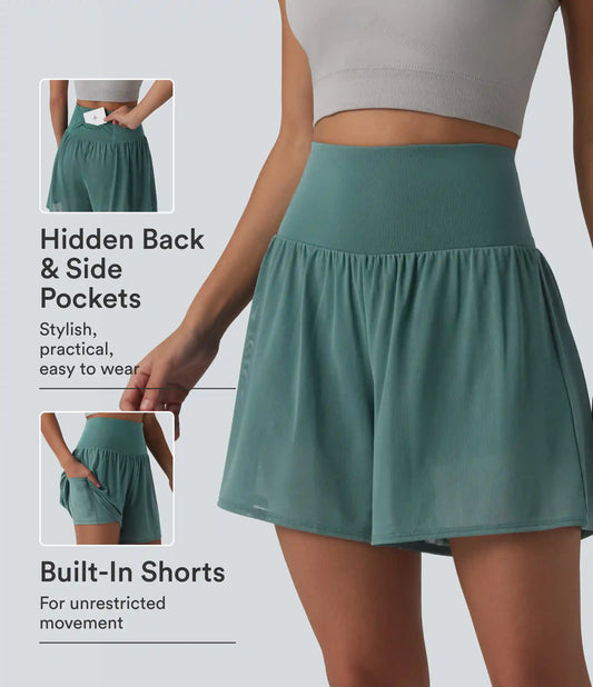 SoftlyZero™ Airy High Waisted Contrast Mesh 2-in-1 InstantCool Yoga Shorts 5'' with Pockets