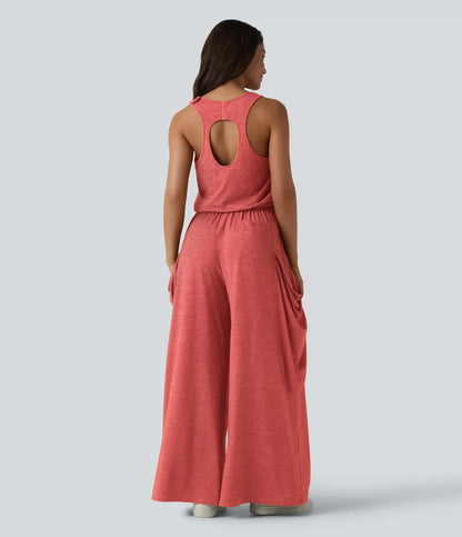 Sleeveless Cut Out Wide Leg Casual Jumpsuit with Pockets-Easy Peezy Edition