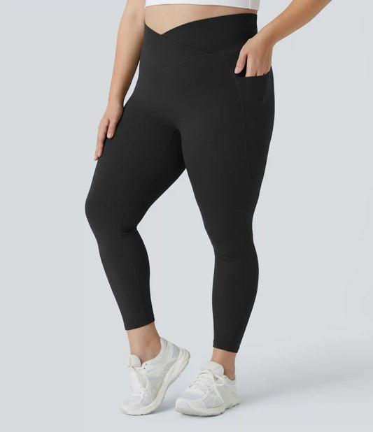 SoftlyZero™ High Waisted Crossover Pocket Plain Plus Size Full Length Leggings