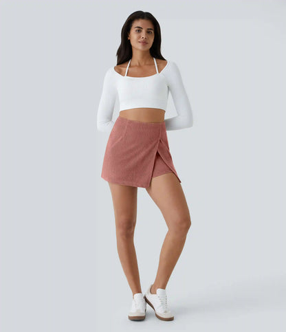 High Waisted Back Zipper Split Hem 2-in-1 Corduroy Casual Skirt