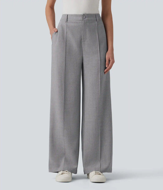 High Waisted Straight Leg Work Linen-Feel Pants with Pockets