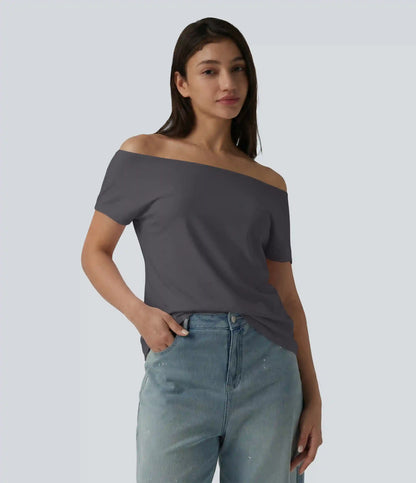 Boat Neck Short Sleeve Casual Pima Cotton T-Shirt