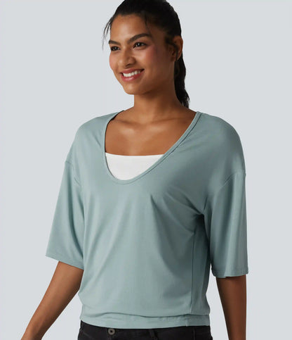 Scoop Neck Half Sleeve Color Block Casual Top