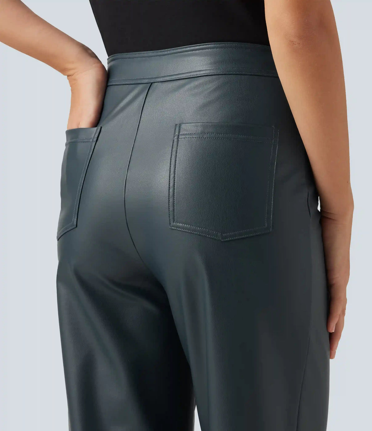 High Waisted Stretchy PU Fleece Straight Leg Casual Leather Pants with Pockets