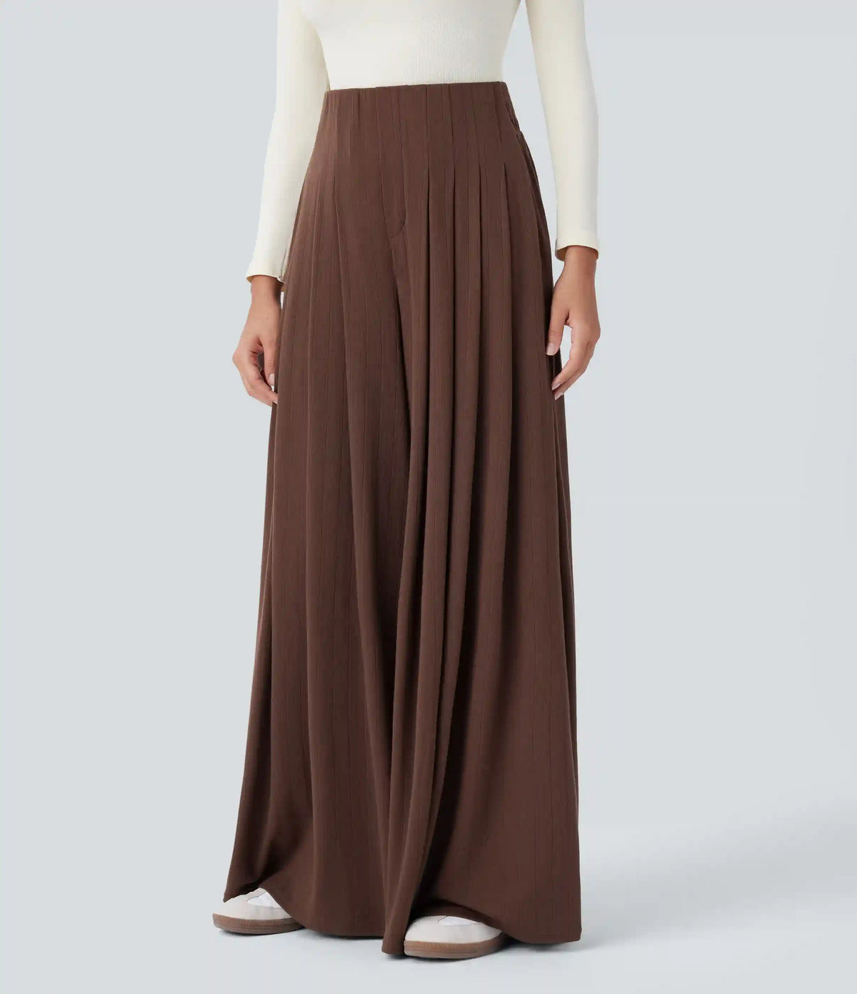 Ribbed Knit High Waisted Pleated Pocket Flowy Wide Leg Casual Pants