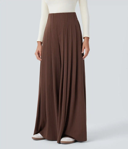 Ribbed Knit High Waisted Pleated Pocket Flowy Wide Leg Casual Pants