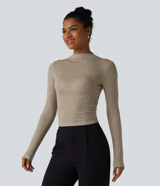 Mock-neck Long Sleeve Ruched Wool-Blend Work Top