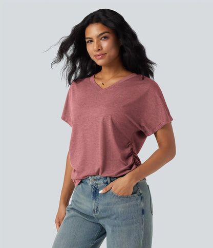 V-neck Short Sleeve Ruched Relaxed Casual Top