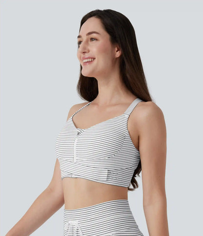 Medium Support Push Up Zipper Adjustable Built-in Bra Buckle Striped Running Sports Bra
