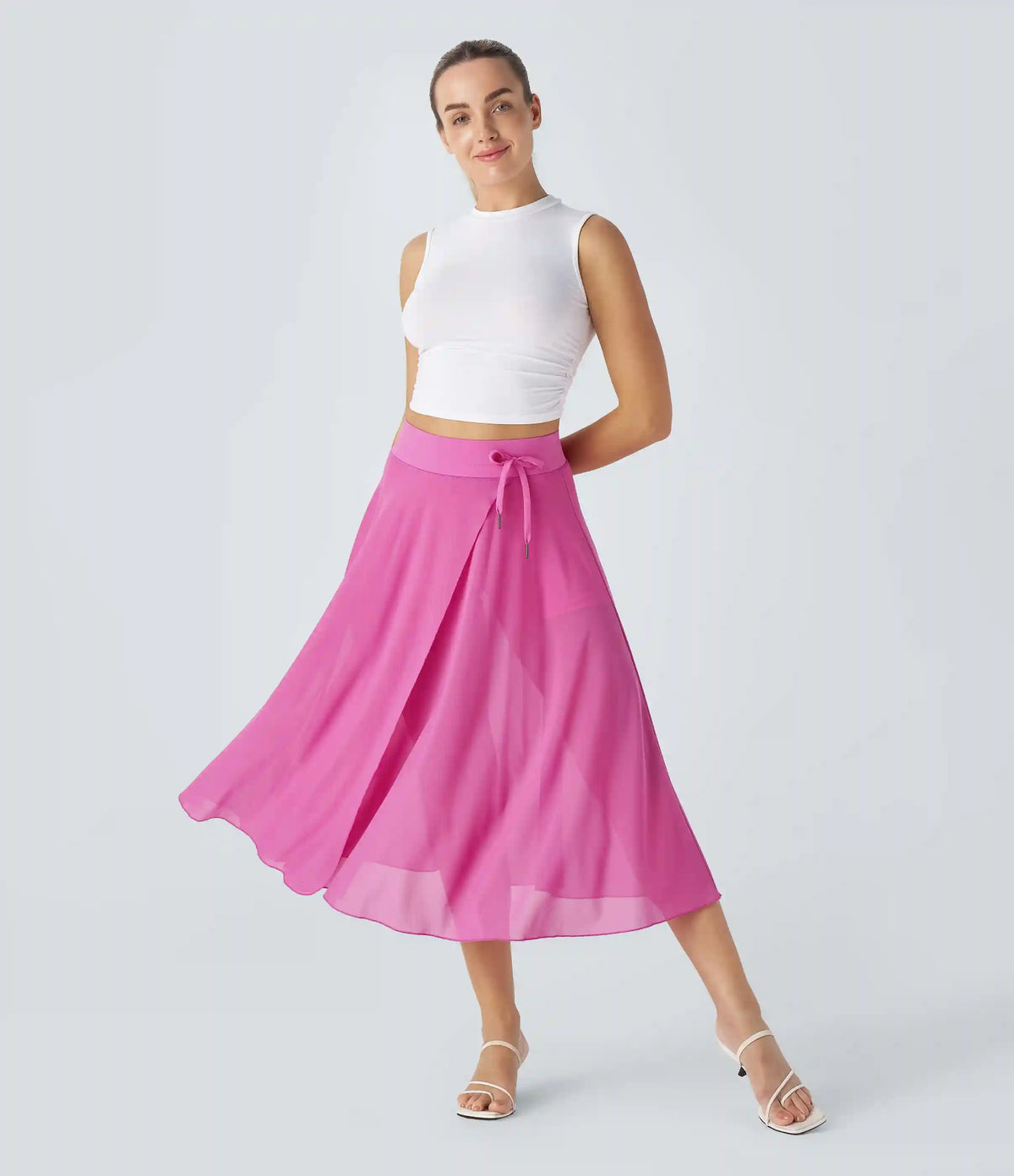 High Waisted Drawstring Contrast Mesh 2-in-1 Pocket Flowy Midi Flare Casual Skirt