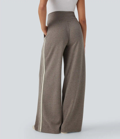 Ribbed High Waisted Tummy Control Drawstring Side Stripe Baggy Casual Pants with Pockets