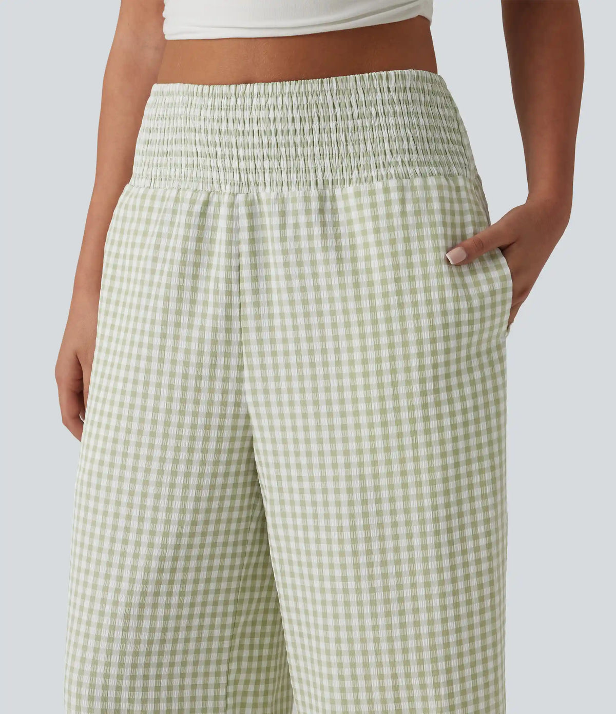 High Waisted Shirred Gingham Casual Baggy Pants with Pockets
