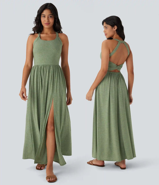Twisted Backless Split Flowy Maxi Resort Dress with Pockets