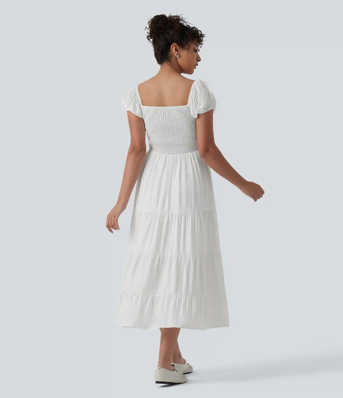 Queen Anne Neck Puff Sleeve Shirred Midi Casual Tiered Dress with Pockets