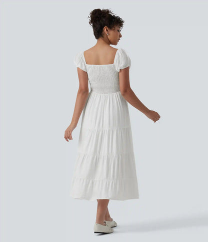 Queen Anne Neck Puff Sleeve Shirred Midi Casual Tiered Dress with Pockets