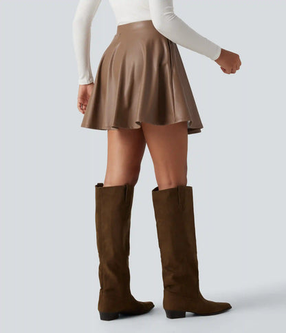 High Waisted 2-in-1 A Line Mini Fleece Casual PU Leather Skirt with Pockets