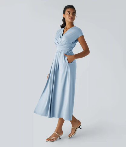 Breezeful™ V Neck Short Sleeve Pocket Tie Back Quick Dry Midi Casual Dress-Longer Length