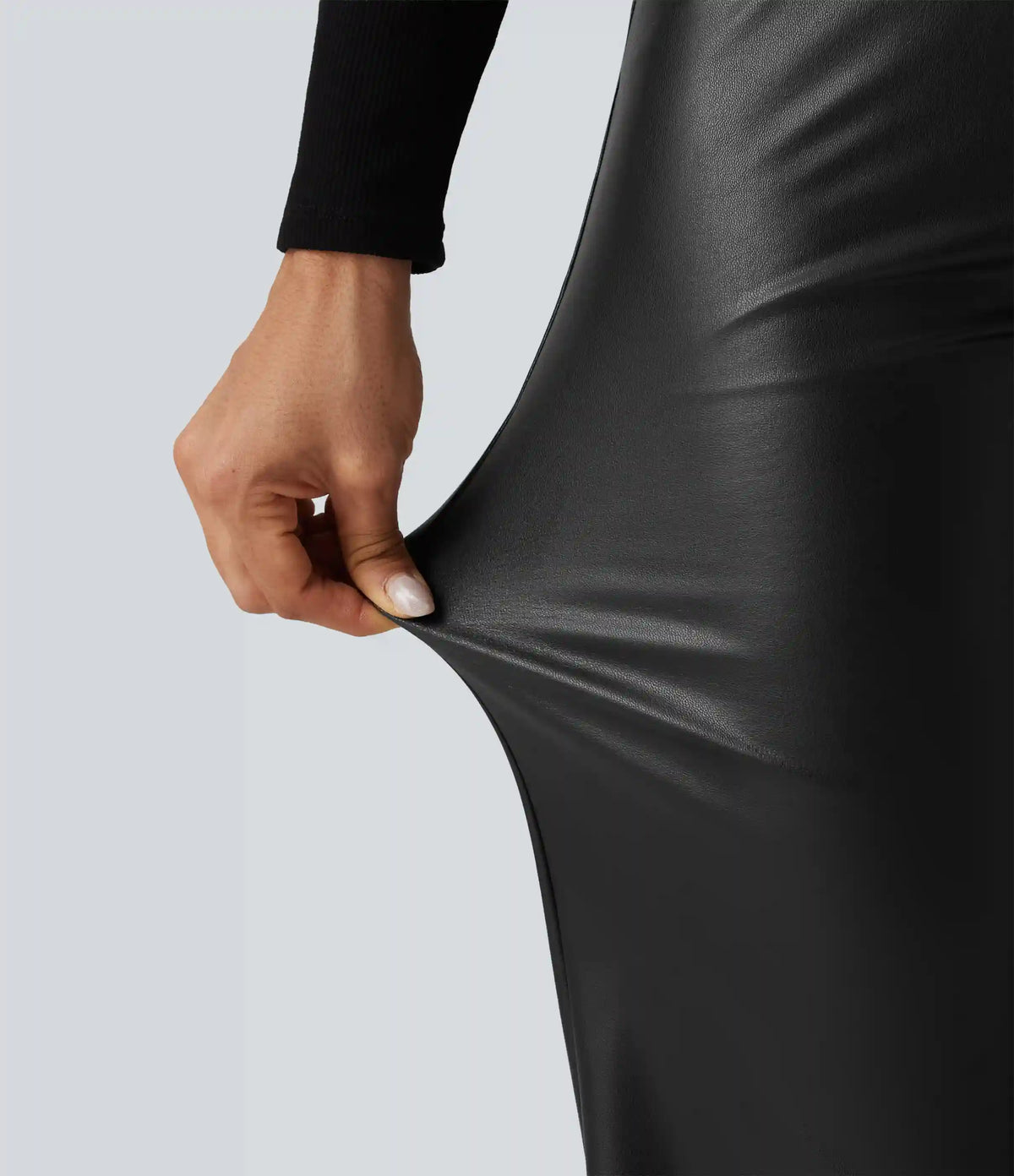 High Waisted Crossover Tummy Control Straight Leg Stretchy PU Fleece Casual Pants with Pockets