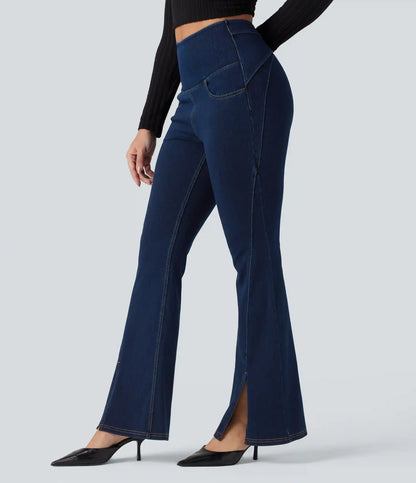 Halara Flex™ High Waisted Crossover Back Split Denim Casual Flare Leggings with Pockets