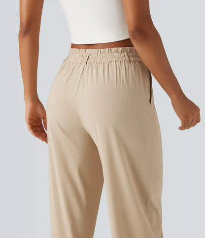 High Waisted Tapered Casual Stretch Linen Pants with Pockets