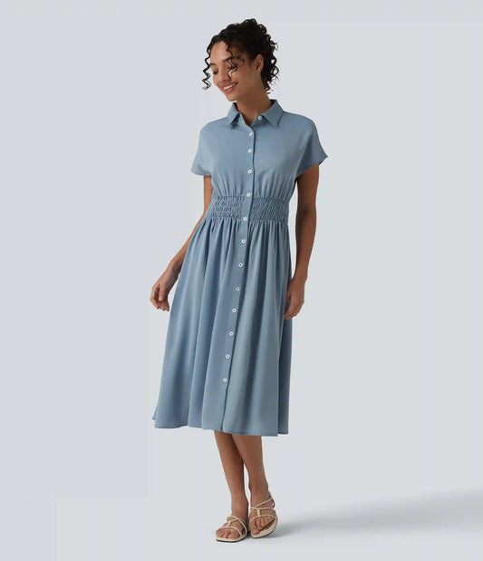 Wrinkle Recovery Short Sleeve Midi Casual Shirt Dress