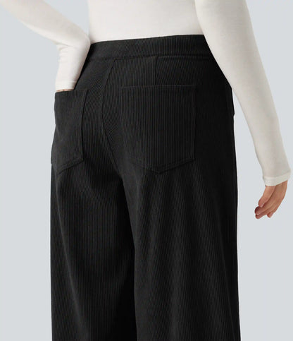Mid Rise Wide Leg Corduroy Casual Pants with Front Pockets