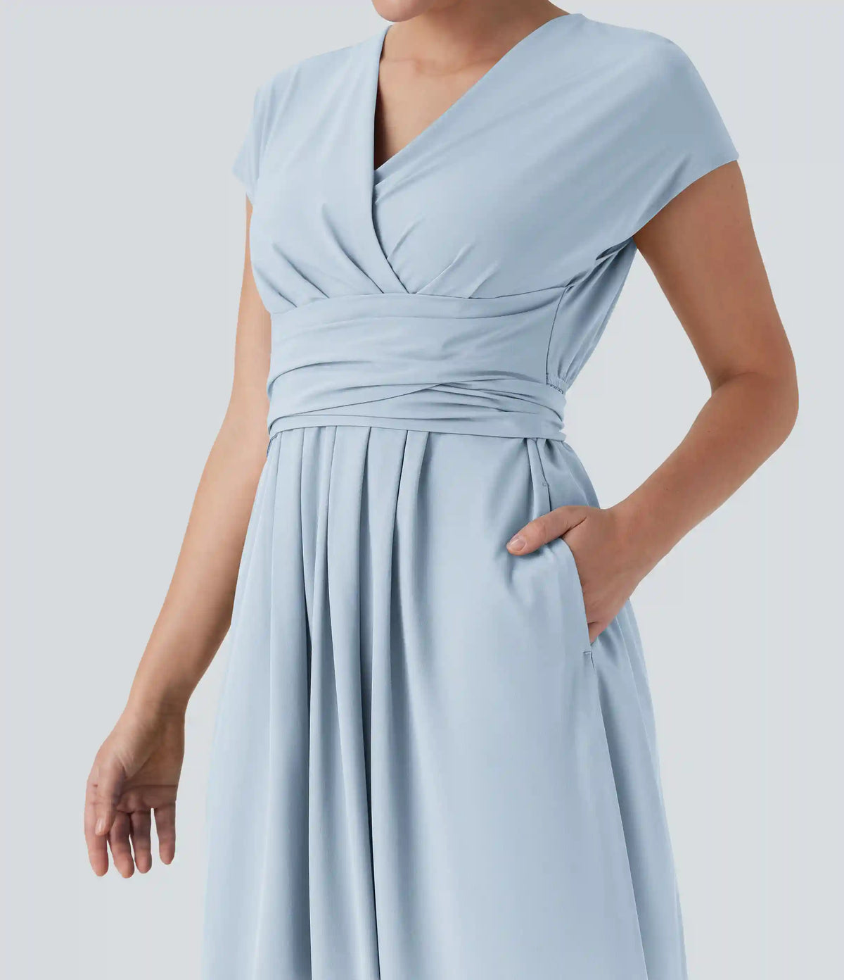 Breezeful™ V Neck Short Sleeve Pocket Tie Back Quick Dry Midi Casual Dress