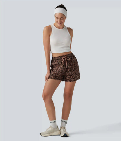 High Waisted Drawstring Leopard Print Workout Cargo Baggy Shorts with Pockets