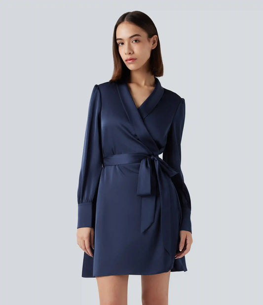 V Neck Long Sleeve Belted Mini Work Dress