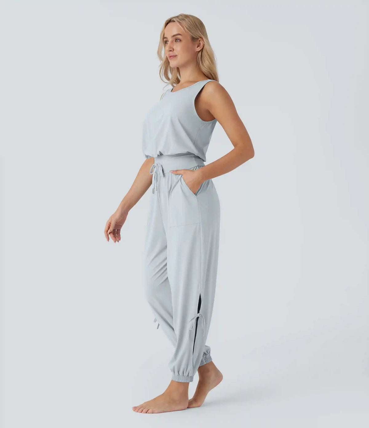 Sleeveless Cut Out Drawstring Pocket InstantCool Yoga Jumpsuit-UPF50+