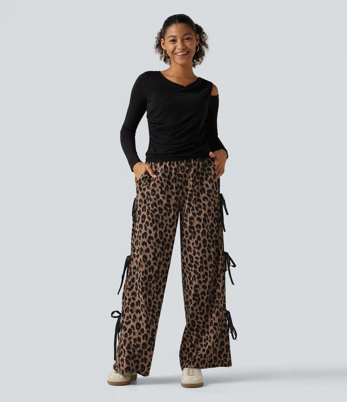 High Waisted Leopard Print Waffle Wide Leg Casual Pants with Pockets