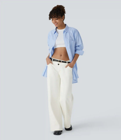 Halara Flex™ Asymmetric Low Rise Zipper Pockets Baggy Wide Leg Washed Casual Jeans