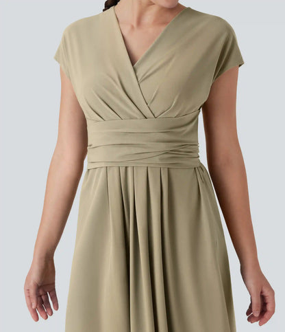 Breezeful™ V Neck Short Sleeve Pocket Tie Back Quick Dry Midi Casual Dress