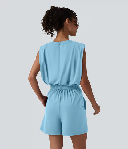 Round Neck Sleeveless Tie-front Cool Touch Casual Romper with Pockets-Easy Peezy-UPF50+