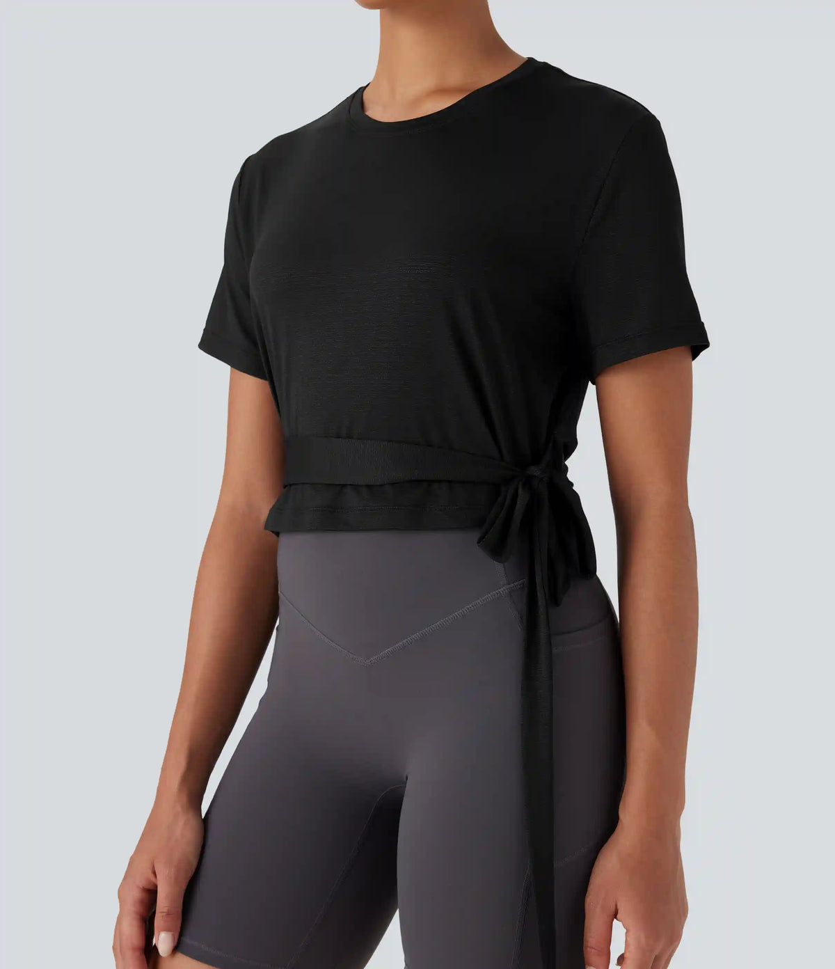 Round Neck Short Sleeve Tie Side Yoga Sports Top