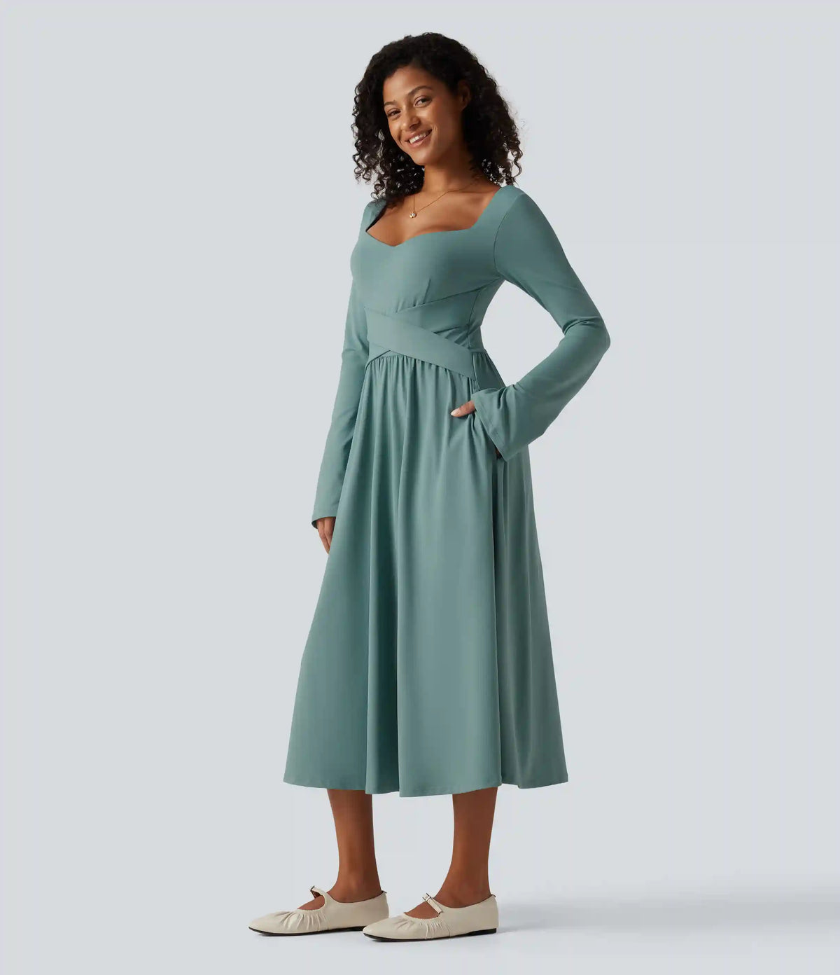 Long Sleeve Built-in Bra Crossover Flowy Midi Casual Dress with Pockets