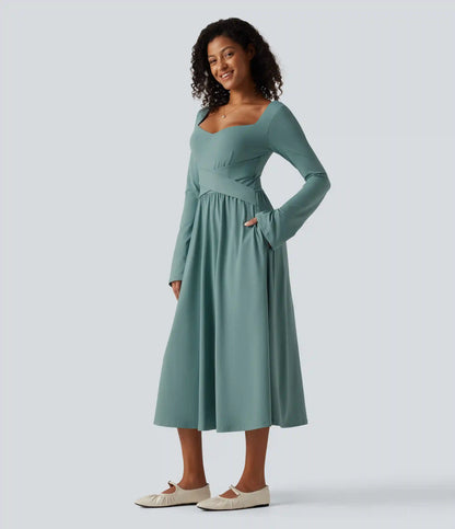 Long Sleeve Built-in Bra Crossover Flowy Midi Casual Dress with Pockets