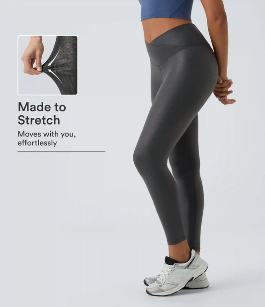 SoftlyZero™ Faux Leather Crossover Pocket Foil Print Stretchy Casual Leggings