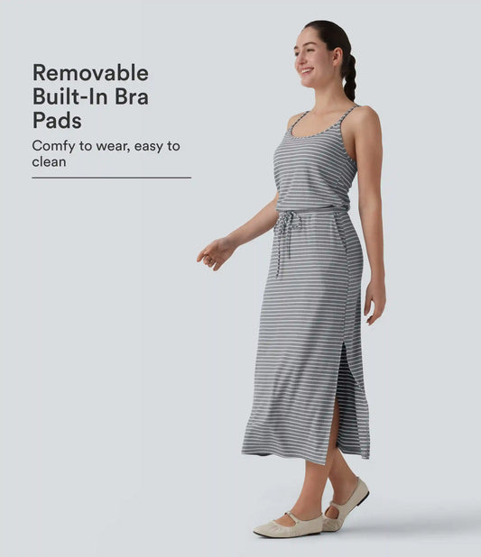 Built-in Bra Drawsting Stripe Midi Casual Dress with Pockets
