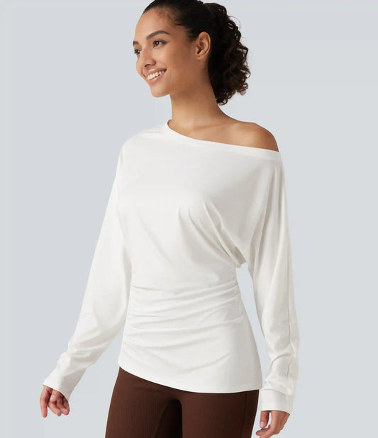 One Shoulder Long Sleeve Ruched Yoga Sports Top
