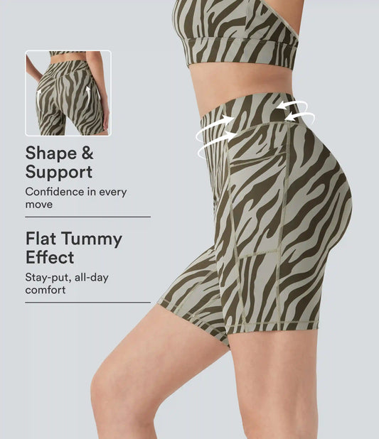 High Waisted Tummy Control Zebra Print Training Biker Shorts 7'' with Pockets