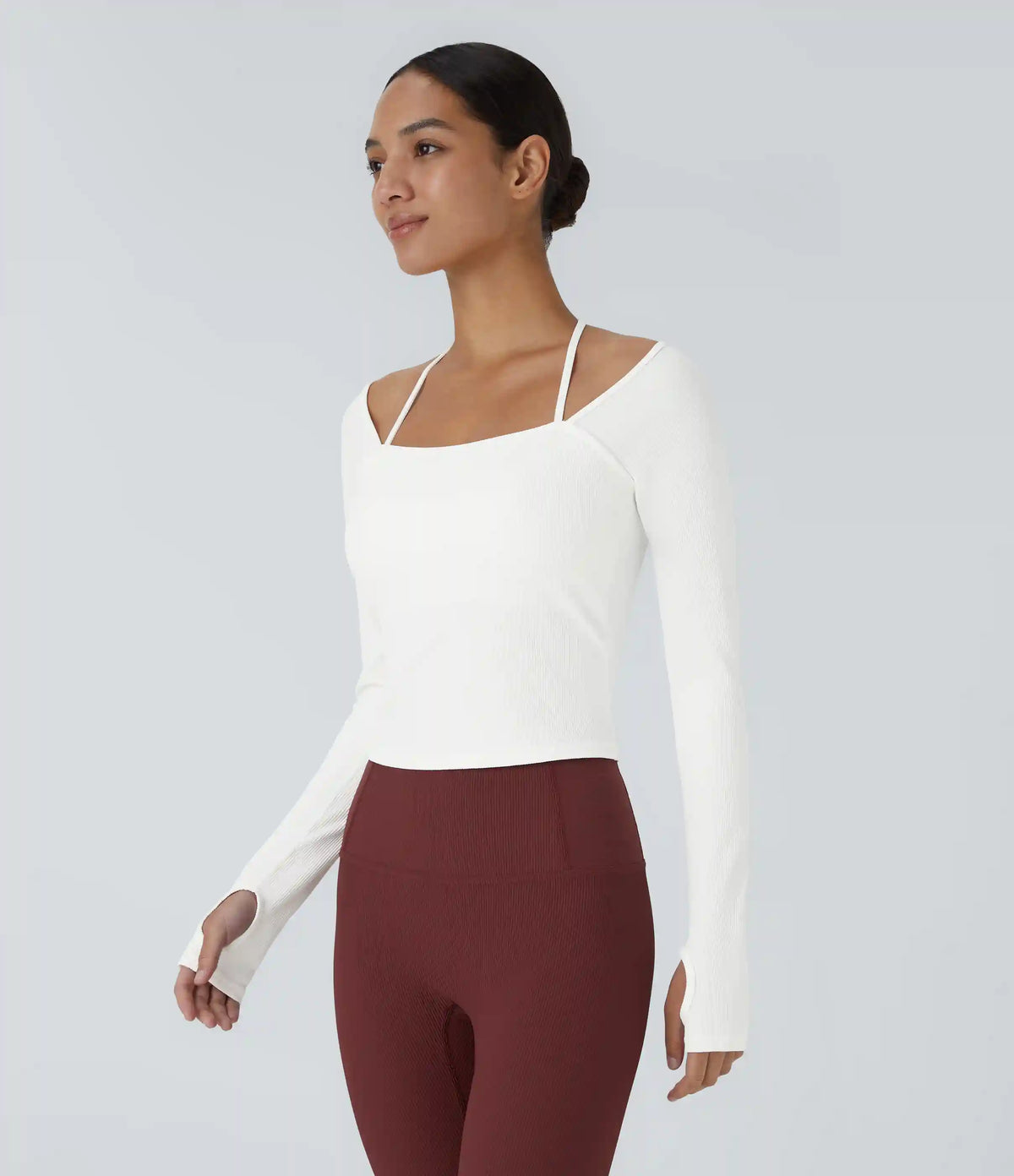 Ribbed Halter Strap Thumb Hole Yoga Sports Top