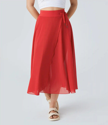 High Waisted Drawstring Contrast Mesh 2-in-1 Pocket Flowy Midi Flare Casual Skirt