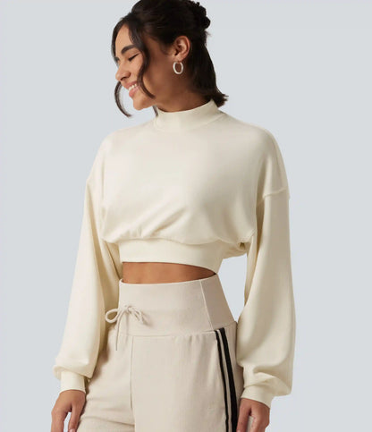 Mock Neck Dropped Long Sleeve Casual Cropped Sweatshirt