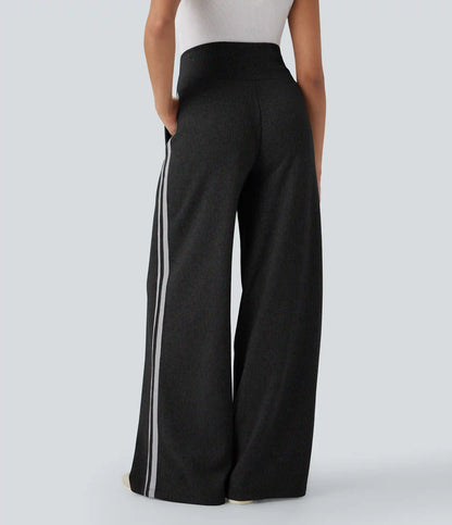 Ribbed High Waisted Tummy Control Drawstring Side Stripe Baggy Casual Pants with Pockets