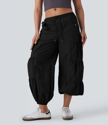Mid Rise Drawstring Pocket Ruched Parachute Casual Cargo Baggy Joggers