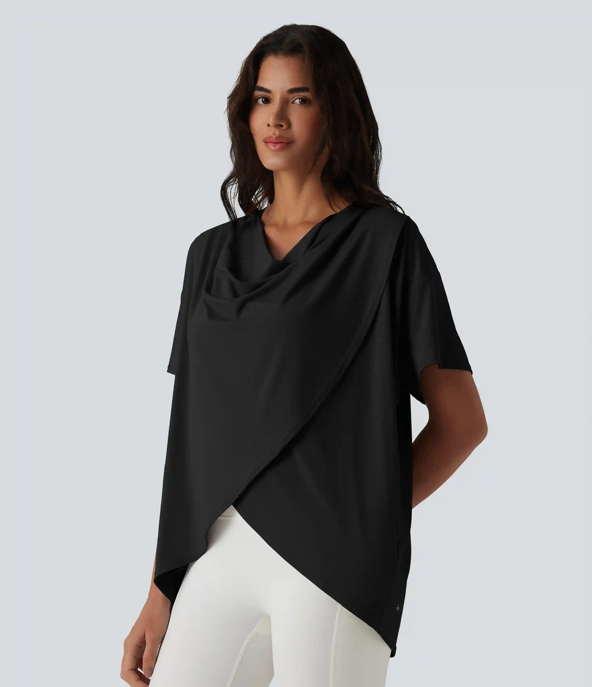 Hooded Cowl Neck Short Sleeve Yoga Sports Top with Pockets